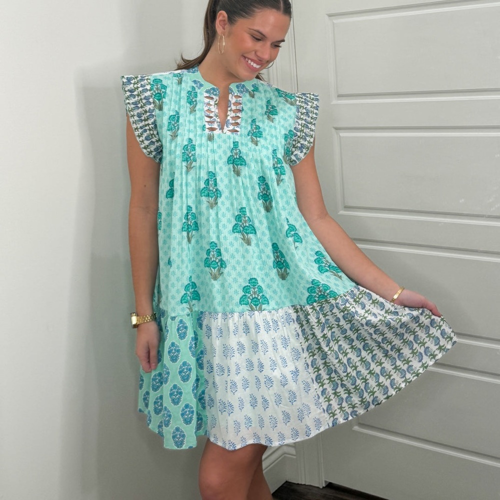 NWOT THML Mint Teal Patchwork Mini Dress